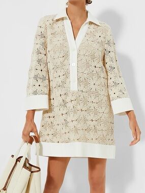 Tuckernuck NWT tan crochet collier mini dress, large